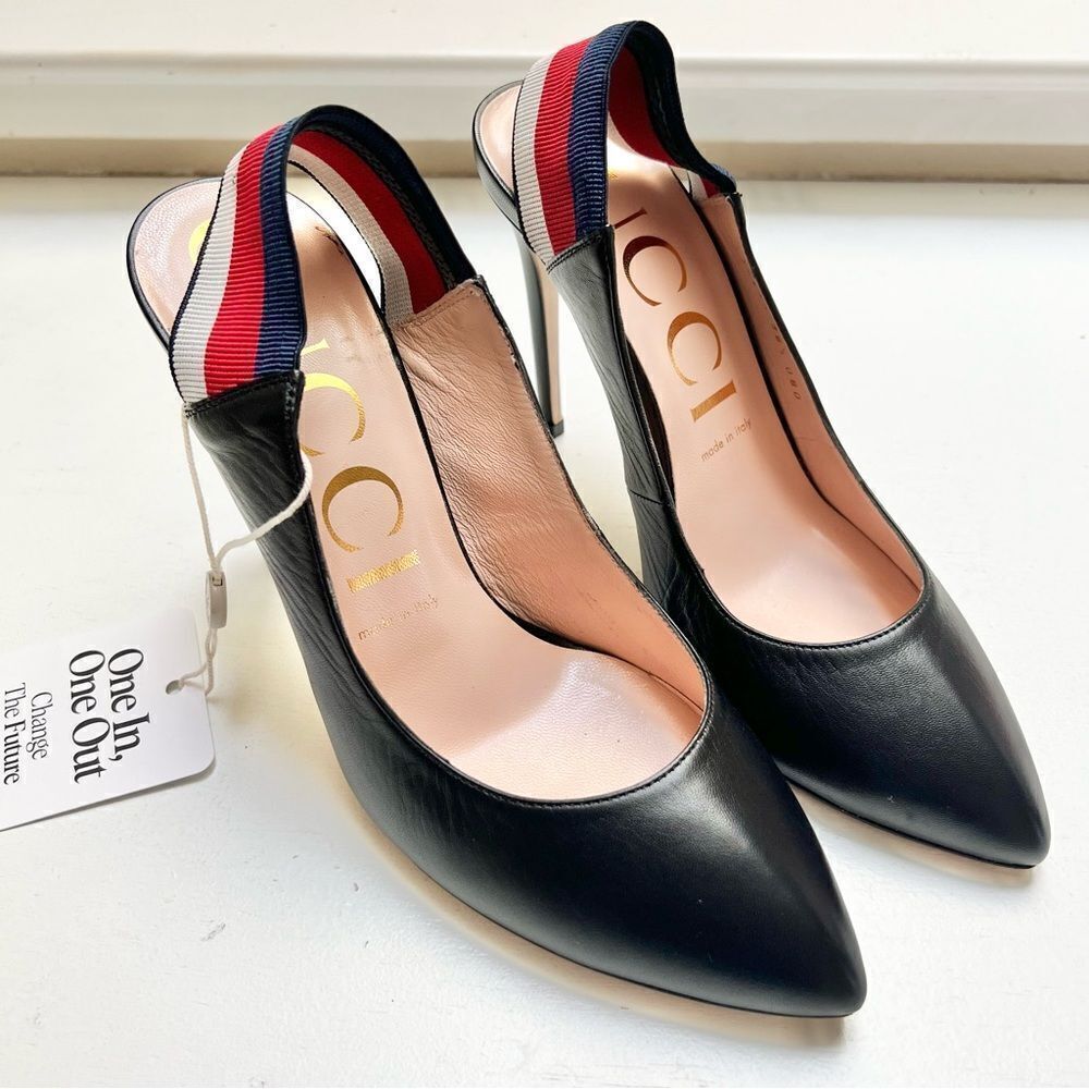 Gucci SYLVIE WEB LEATHER SLINGBACK HEELS PUMPS IN BLACK EU 38.5 EUC MSRP $795 - Picture 1 of 10